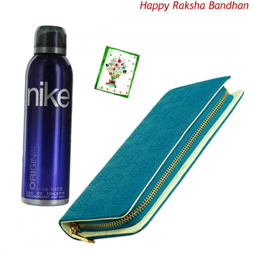 Accessories for Her - Blue Clutch, Nike Up or Down Deodorant Spray