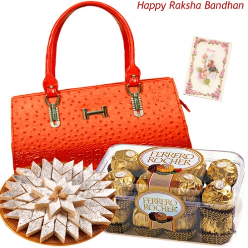 Obvious Liking - Design Ladies Handbag, Ferrero Rocher 16 Pcs, Kaju Katli 250 gms and Free Greeting Card