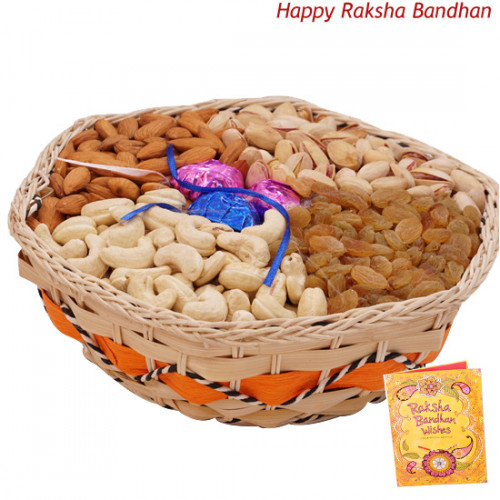 Dryfruit Choco Basket - Assorted Dryfruits in Basket with Handmade Chocolates 1 Kg (Rakhi & Tika NOT Included)