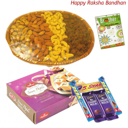 Sweet Tooth - Soan Papdi, Assorted Dryfruits Basket, 5 Assorted Bars (Rakhi & Tika NOT Included)