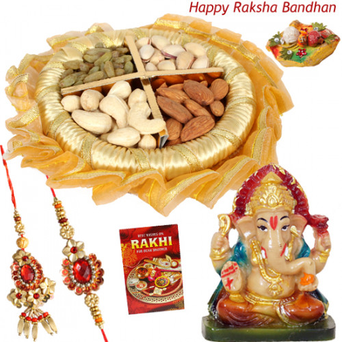 Divine Bliss - Assorted Dry Fruits in Decorative Thali (G), Lord Ganesh idol with Bhaiya Bhabhi Rakhi Pair and Roli-Chawal