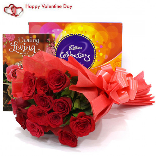 Celebration Bunch - Bunch Of 10 Red Roses, Cadbury's Celebration & Valentine Greeting Card