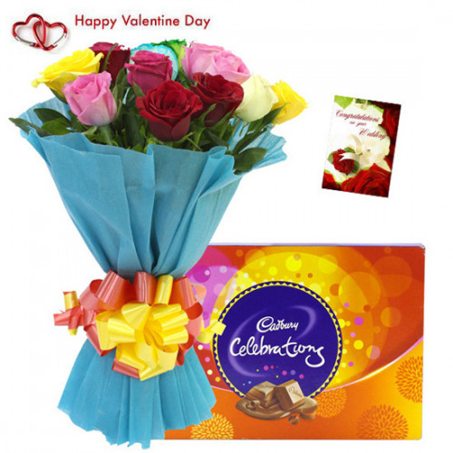Mix Flower Celebration - Bunch Of 10 Mix Roses, Cadbury's Celebration 118 Gms & Valentine Greeting Card