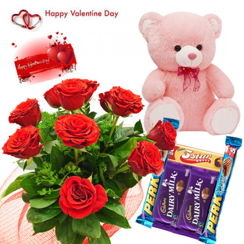 Red Teddy Assortment - Bunch Of 10 Red Roses , Teddy Bear 6 Inches, 5 Assorted Cadbury Chocolates & Valentine Greeting Card