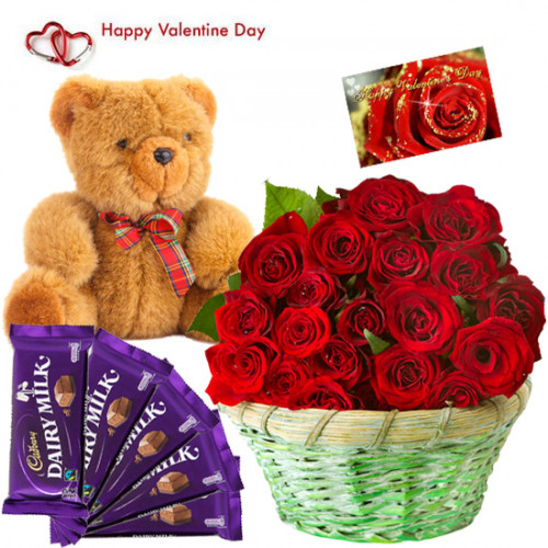 Chocolaty Basket - Baskets Of 15 Red Roses, Teddy Bear 6 Inches, 5 Cadbury Dairy Milk Chocolate Bars 14 Gms Each & Valentine Greeting Card