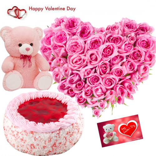 Pink Love Combo - Heart Shape 50 Pink Roses, 1/2 Kg Strawberry Cake, Teddy Bear 6 Inch & Valentine Greeting Card