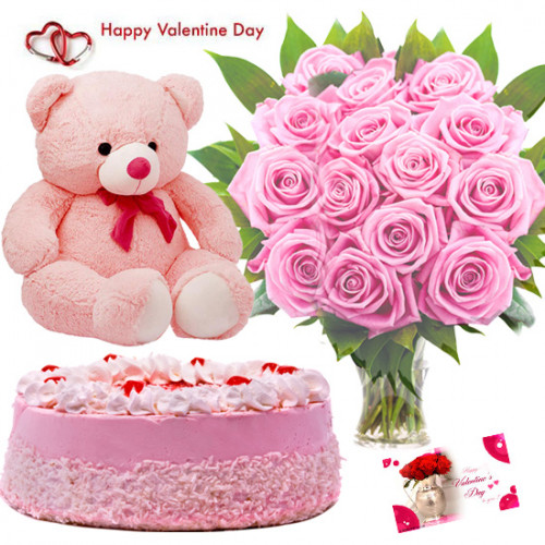 Pink Soft Delight - Vase Of 10 Pink Roses, 1/2 Kg Strawberry Cake, Teddy Bear 6 Inch & Valentine Greeting Card
