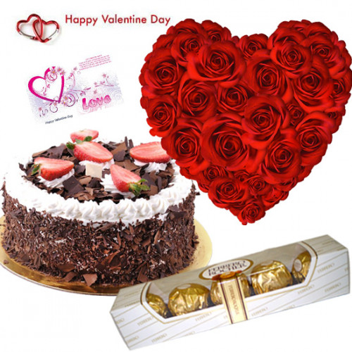 Five Star Heart - 25 Red Roses Heart Shaped Arrangement, Five Star Black Forest Cake 1 Kg, Ferror Rocher 4 Pcs & Valentine Greeting Card