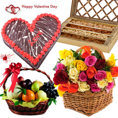 Mix Fruity Heart - Basket Of 30 Mix Roses, 1 Kg Chocolate Cake Heart Shape, Basket Of 1 Kgs Fruits, Assorted Dryfruits 200 gms & Valentine Greeting Card