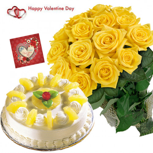 Yellow Pina Combo - Bunch Of 20 Yellow Roses , 1/2 Kg Pineapple Cake & Valentine Greeting Card