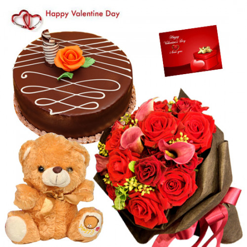 Rosy Choco Bear - 10 Red Roses Bunch, 1/2 Kg Chocolate Cake, Teddy Bear (6 Inches)  & Valentine Greeting Card