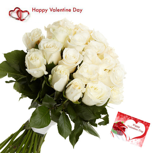 White Love - 15 White Roses Bunch & Valentine Greeting Card