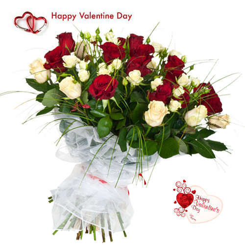 Red N White Bunch - 24 Red & White Roses Bunch & Valentine Greeting Card