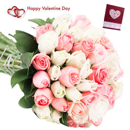 Pink N White Roses - 30 Pink & White Roses Bunch & Valentine Greeting Card