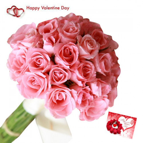 Valentine Rose Bunch - 30 Pink Roses  Bunch & Valentine Greeting Card