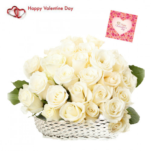 White Basket - 25 White Roses Basket & Valentine Greeting Card
