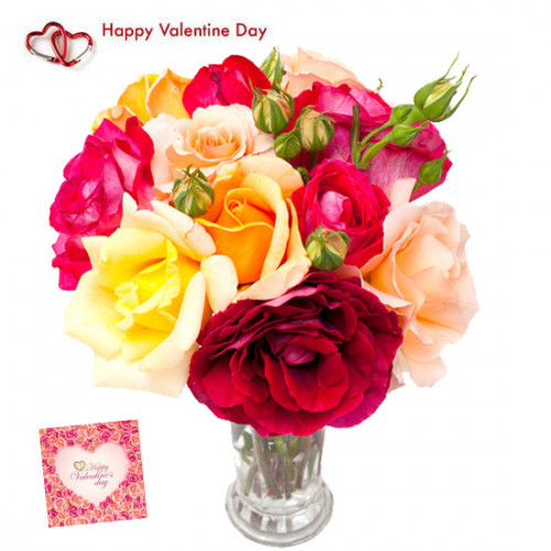 Mix Vase - 12 Mix Roses Vase & Valentine Greeting Card