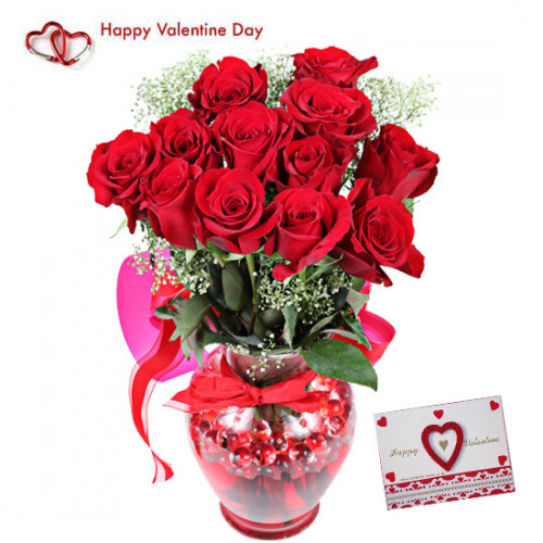Rose Vase - 15 Red Roses Vase & Valentine Greeting Card