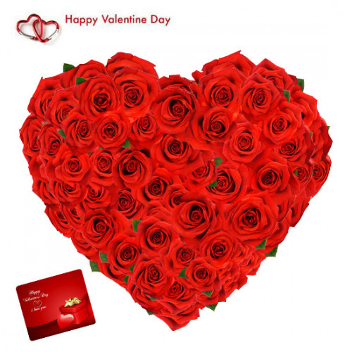 Love Rose Heart - 75 Red Roses Heart Shaped Arrangement & Valentine Greeting Card