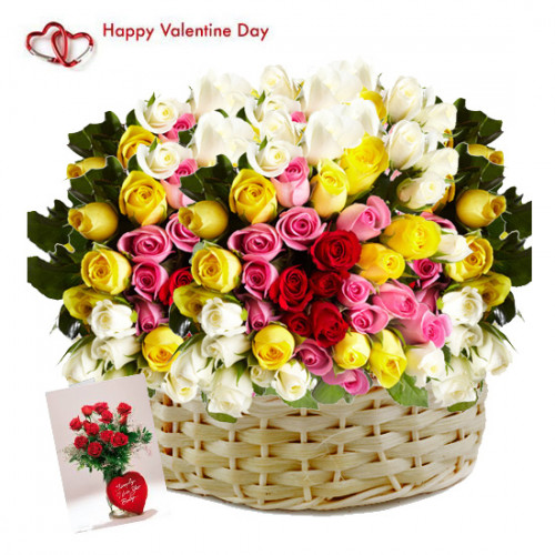 Hundred Over Hundred - 200 Mix Roses Basket & Valentine Greeting Card