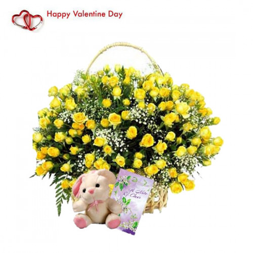 My Love For You - 100 Yellow Roses Basket, Teddy 6" & Valentine Greeting Card