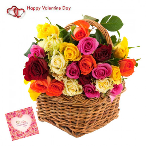 Roses Mix Basket - 50 Mix Roses Basket & Valentine Greeting Card