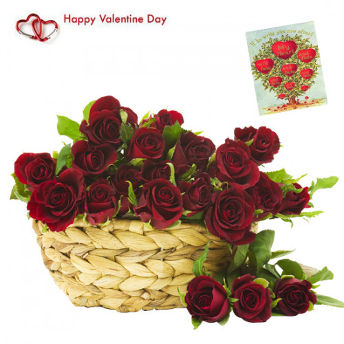Basket Full Of Roses - 21 Red Roses Basket & Valentine Greeting Card