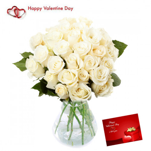 Vase Of White - 20 White Roses In Vase & Valentine Greeting Card