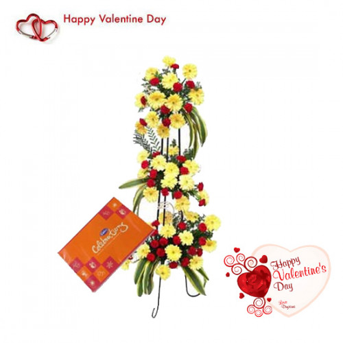 Life Of Love - 30 Red Gerberas & 40 Yellow Carnations, Cadbury's Celebration 118 Gms & Valentine Greeting Card