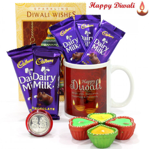 Diwali Chocs - Happy Diwali Mug, 5 Dairy Milk (M) with 4 Diyas and Laxmi-Ganesha Coin