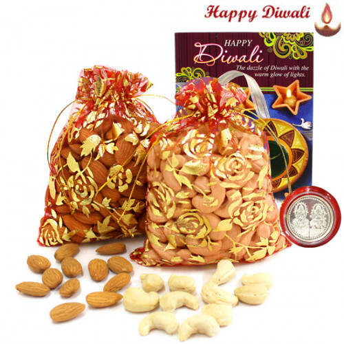 Potli Duo - Almonds in Potli, Cashewnuts in Potli with Laxmi-Ganesha