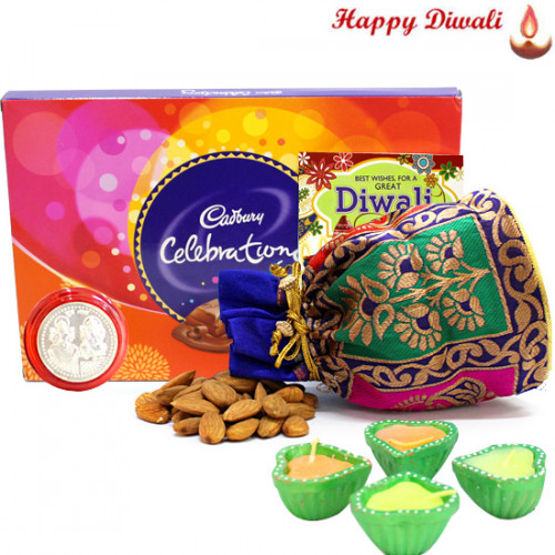 Almond Potli - Almonds 100 gms in Potli (D), Celebrations with 4 Diyas and Laxmi-Ganesha Coin