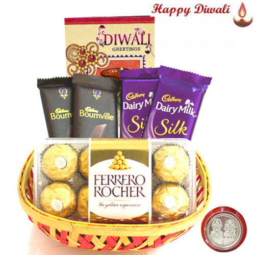 All For Diwali - Ferrero Rocher 16 Pcs, 2 Dairy Milk Silk, 2 Bournville in Basket with Laxmi-Ganesha Coin