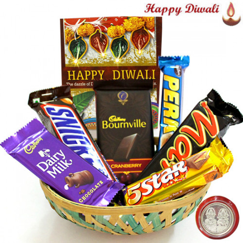 Choco Hex - Bournville, Mars, Snickers, Dairy Milk, Five Star, Perk in Basket with Laxmi-Ganesha Coin