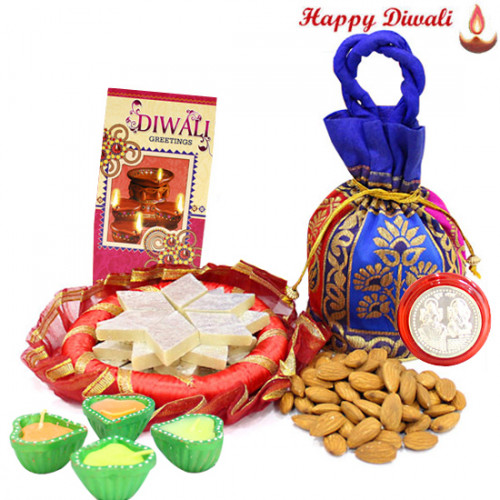Badam Potli - Almonds 100 gms in Potli (D), Kaju Katli, Decorative Thali with 4 Diyas and Laxmi-Ganesha Coin