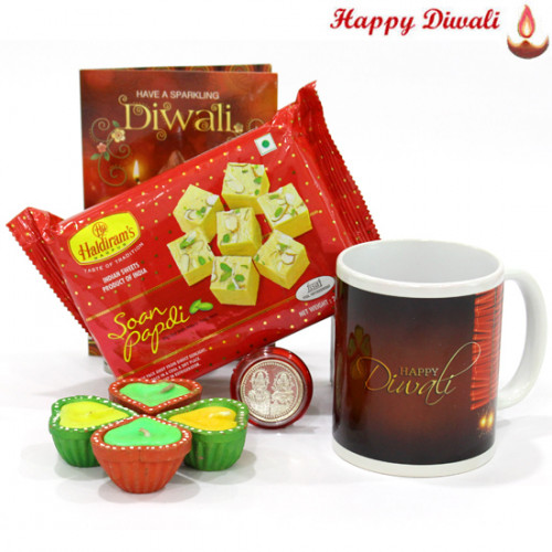 Papdi Mug -Haldiram Soan Papdi 250 gms, Happy Diwali Mug with 4 Diyas and Laxmi-Ganesha Coin