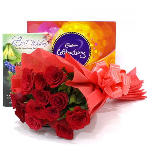 Roses N Celebration - 12 Red Roses + Cadbury's Celebrations Pack + Card