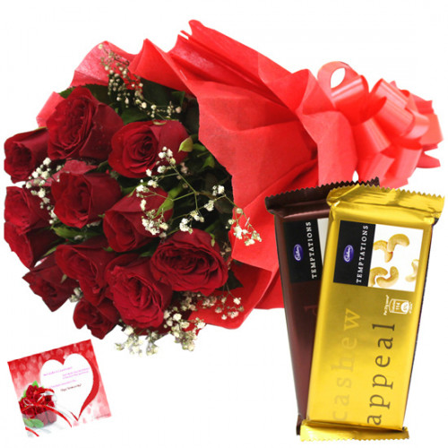 Roses & Temptation - 10 Red Roses + 2 Cadbury Temptations + Card