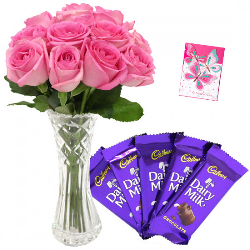 Pink Chocolate Delight - Vase Arrangement of 10 Pink Roses, 5 Cadbury Dairy Milk + Card