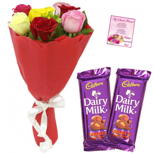 Flowers N Bars - 10 Mix Roses Bunch, 2 Fruit N Nut