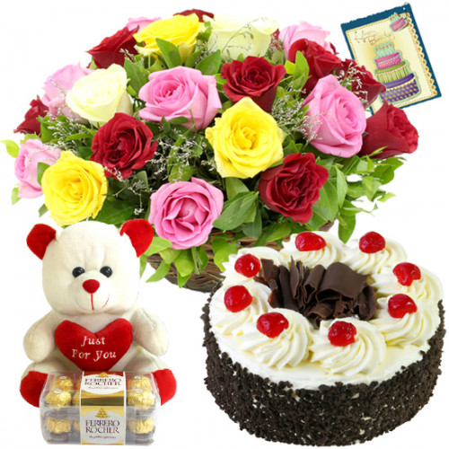 Assorted Basket - 20 Mix Roses in Basket, Ferrero Rocher 16 Pcs, Teddy 6 inch, Black Forest Cake 1/2 Kg + Card