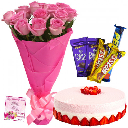 Pink Theme - 12 Pink Roses + Half Kg Strawberry Cake + 5 Assorted Bars + Card