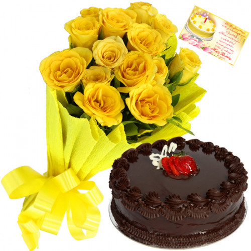 Treasure of Love - 12 Yellow Roses Bunch, 1/2 Kg Cake + Card