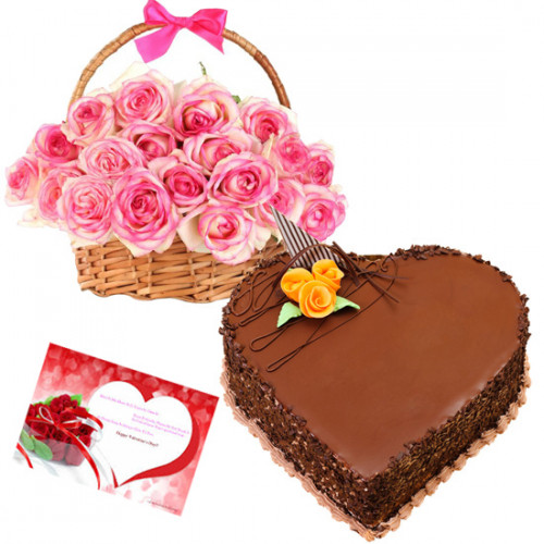 Memories - 15 Pink Roses Basket + Heart Cake 1kg + Card