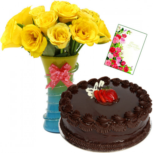Remarkable Gift - Vase of 10 Yellow Roses , 1/2 KG Cake + Card