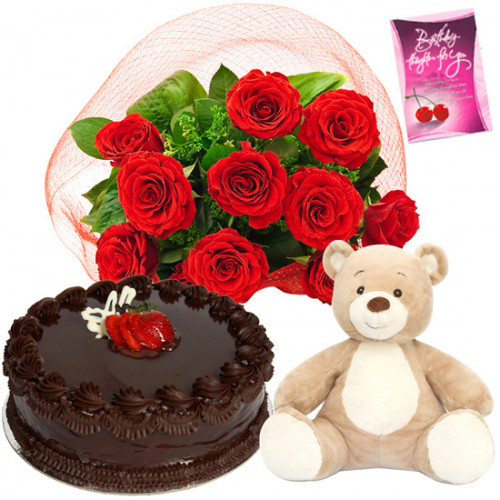 Lovely Warmth - 12 Red Roses + 1/2 Kg Cake + 6 Inches Teddy Bear + Card