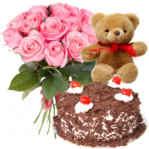 Magnificent Combo - 12 Pink Roses, 1/2 Kg Cake, Teddy Bear 6 inch + Card