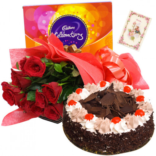 Surprise the Love - 12 Red Roses, 1/2 Kg Cake, Cadbury Celebration + Card
