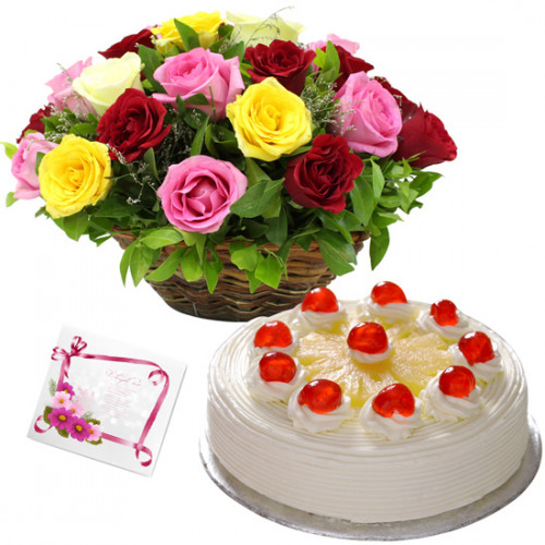 Kind Delight - 15 Mix Roses Basket, 1/2 Kg Cake + Card