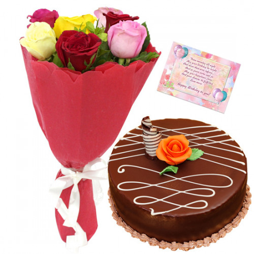 Dazzling Gifts - 10 Mix Roses, 1/2 Kg Cake + Card